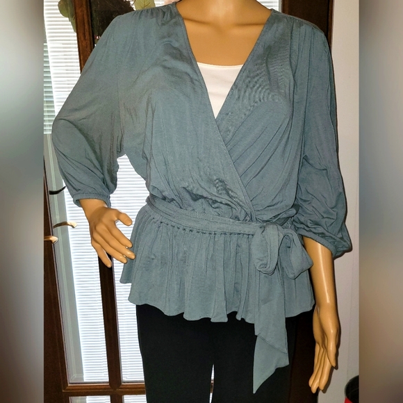 Lauren Ralph Lauren Faux Wrap Peplum Blouse- Sage Green - Picture 2 of 10